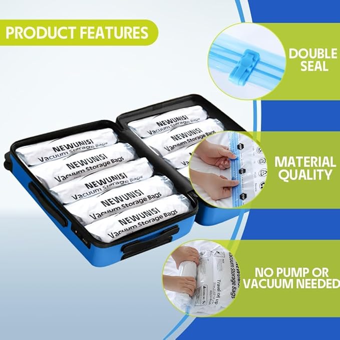 12 Pack Vacuum Storage Bags, Compression Bags for Travel, Roll Up Reusable Travel Space Saver for Luggage, Camping, and Storage (No Vacuum or Pump Needed).