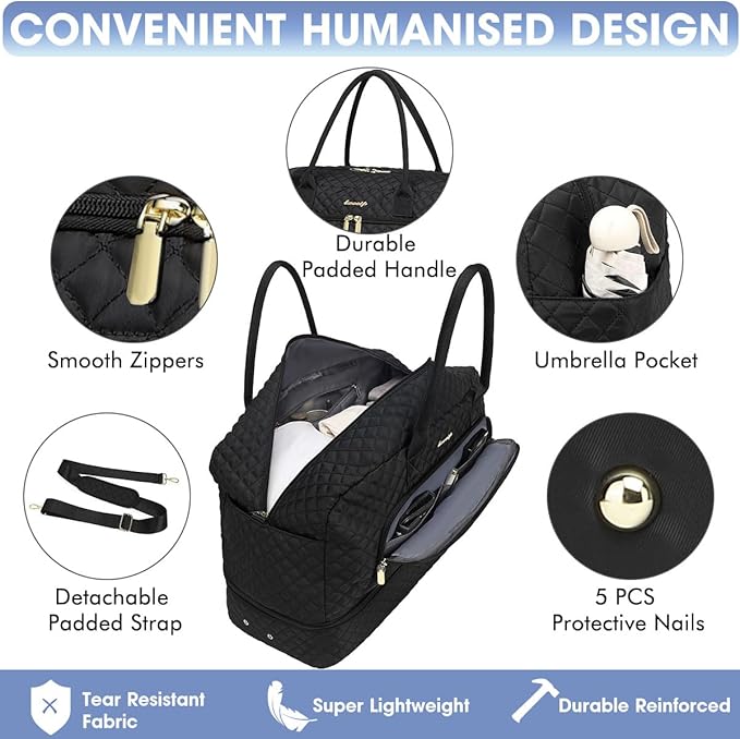 Initial Travel Duffle Bag for Women - Black Personalized Weekender bags Overnight Bag with Shoe Compartment & Wet Pocket Weekend Tote Bags with Toiletry Bag Monogram Christmas Gifts (Letter A)