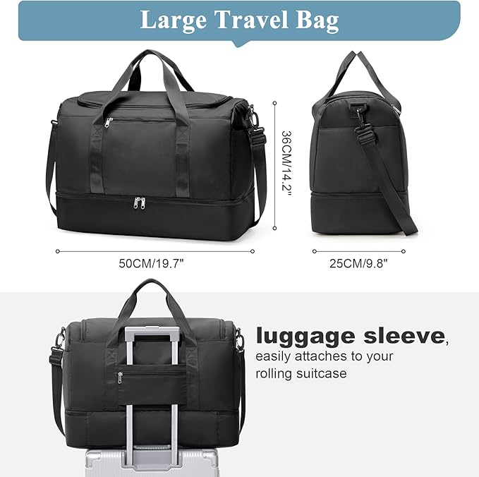 Large Duffle Bag for Travel,Carry-On Overnight Weekender Bags for Women,Travel Duffel Bag,Black