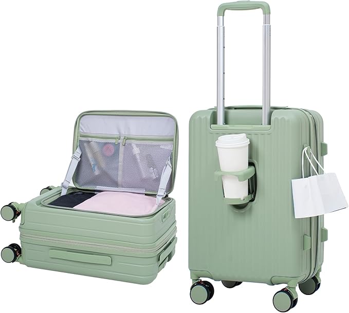 20 Inch Top Opening Carry On Luggage 22x14x9 Airline Approved Expandable With Spinner Wheels & Cup Holder,PC Hard Shell Lightweight Small Shitcase With Tsa Approved For Travel Women Men,Green