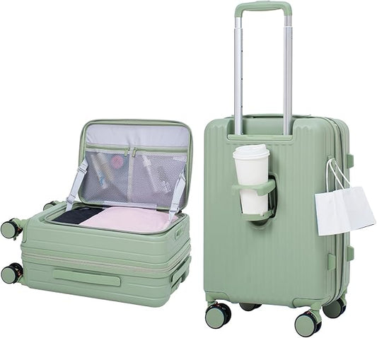 20 Inch Top Opening Carry On Luggage 22x14x9 Airline Approved Expandable With Spinner Wheels & Cup Holder,PC Hard Shell Lightweight Small Shitcase With Tsa Approved For Travel Women Men,Green