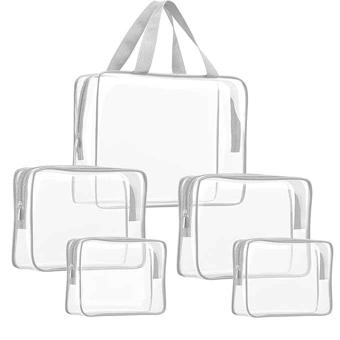 5Pcs Crystal Clear PVC Travel Toiletry Bag Kit for Women Men, Waterproof Vinyl Packing Organizer Storage Bags with Zipper Handle Straps, Cosmetic Pouch Carry on Airport Airline Compliant Bag Handbag