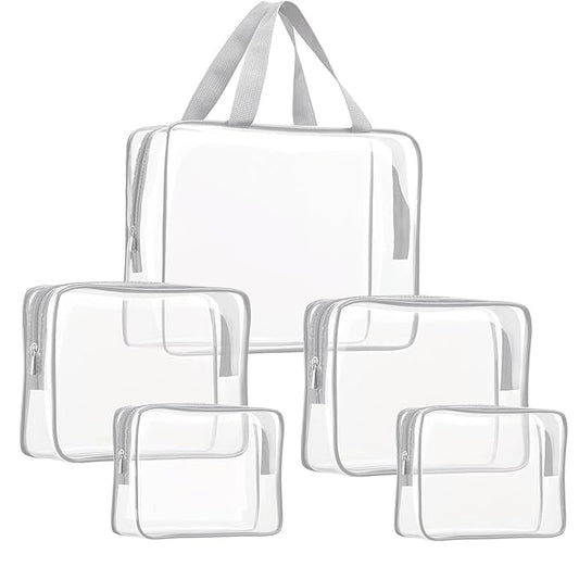 5Pcs Crystal Clear PVC Travel Toiletry Bag Kit for Women Men, Waterproof Vinyl Packing Organizer Storage Bags with Zipper Handle Straps, Cosmetic Pouch Carry on Airport Airline Compliant Bag Handbag
