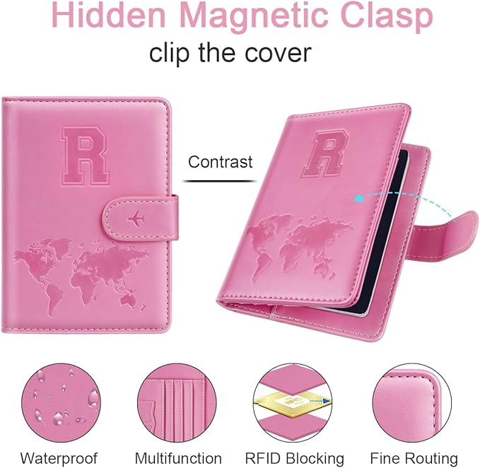 Passport Holder Cover Initail Letter A-Z Travel Wallet Embossed Design RFID Blocking Card Holder Personalized Gift Passport Cover Wallet, Passport Book Holders for Women and Girls, Pink-R