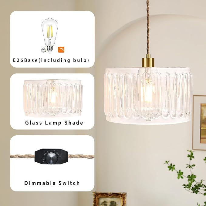 QIYIZM Glass Plug in Pendant Light Hanging Lights with Plug in Cord Milk White Hanging Lamp Gold Dimmable Mid Century Modern Plug in Chandelier Ceiling Fixture for Living Room,Kitchen,Boho