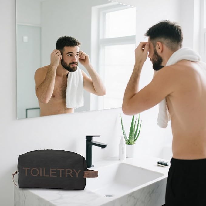 Toiletry Bag for Women and Men, Small PU Leather Toiletries Travel Bag (Black)