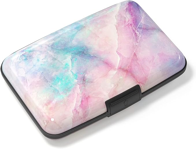 Credit Card Holder, Mini Aluminum Card Wallet RFID Blocking Slim Metal Hard Card Case for Women Men, Colorful Marble