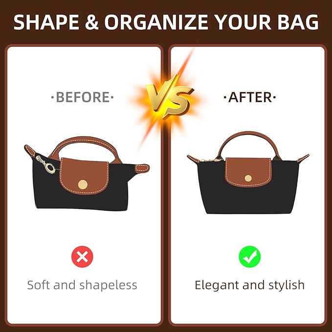 Doxo Purse Organizer Insert for Longchamp Le Pliage XS and More, Lightweight Waterproof DupontPaper Bag Inner Linner Shaper, Keeps Bags Shaped & Neat(Full Blacke, Mini)