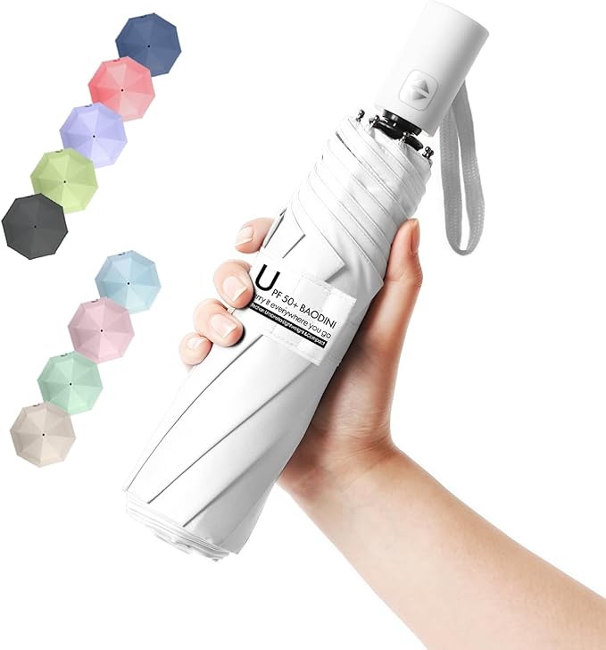 BAODINI Small UV Protection Travel Umbrella Compact for Rain and Sun UPF 50+ Windproof Portable 42 inch Umbrella for Women and Men