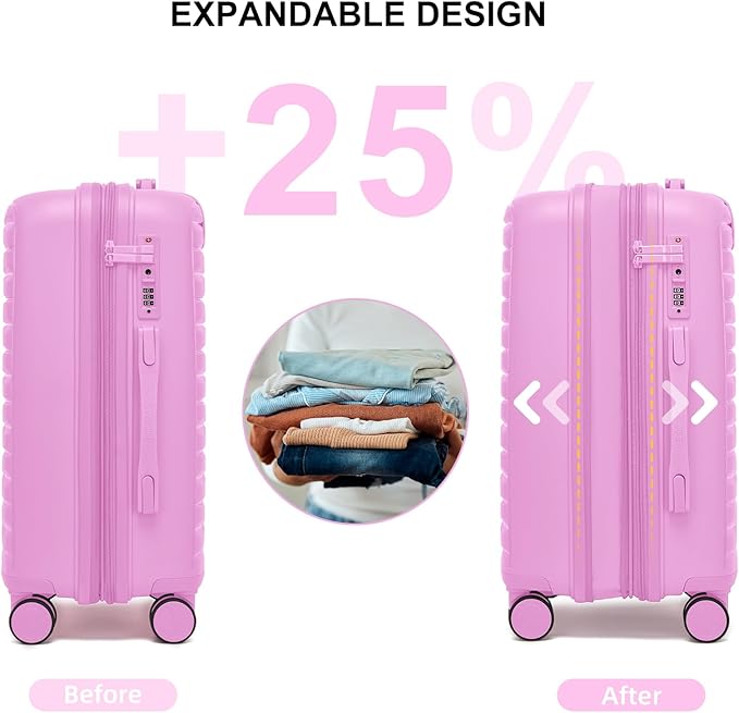 LARVENDER Luggage Sets 3 Piece, Expandable Hardside PP Carry On Luggage Suitcase with 360° Spinner Wheels TSA Lock Suitcase Set for Women Men, Neon Pink