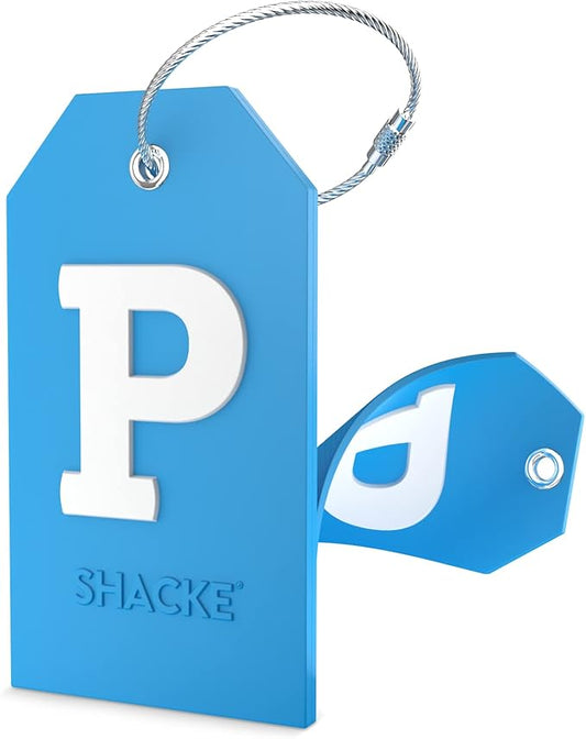 Shacke Initial Luggage Tag with Full Privacy Cover and Stainless Steel Loop - Aqua Teal (Letter P)