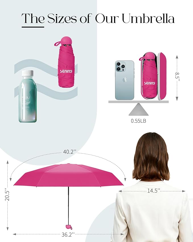 Seniny Mini Portable Travel Umbrella with Case - Compact Umbrellas for Rain & Sun UV Protection for Backpack Pocket, Lightweight Folding Small Umbrella, Tiny Purse Size UV Blocker for Kids Women Girls