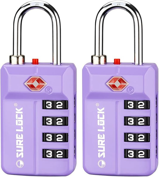 SURE LOCK TSA-Approved 4-Digit Resettable Combination Luggage Lock with Open Alert, Easy-Read Dials - for Luggage, School Lockers, Gym, Office, Toolbox & Security Cases (Purple 2 Pack)