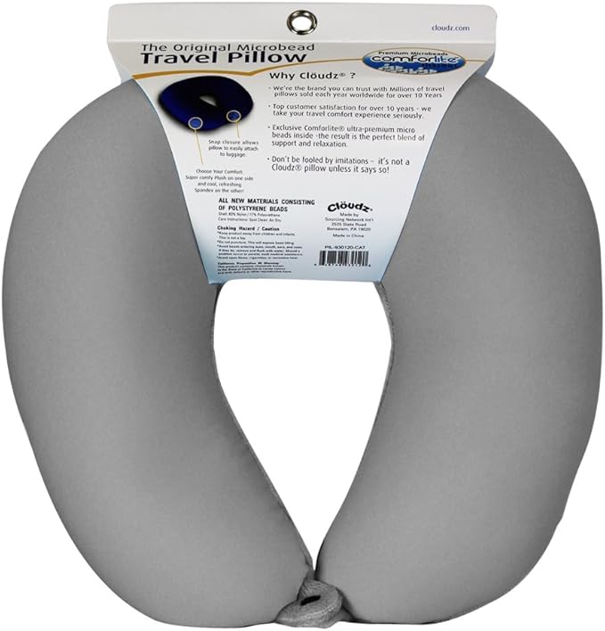 Cloudz Dual Comfort Microbead Airplane Travel Neck Pillow. Super Soft Cozy Plush Fabric on One Side, Cool Relaxing Spandex on The Other! Customize Your Comfort and Support at Home or On The Go! Grey
