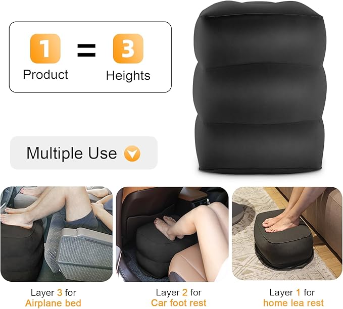 Inflatable Travel Foot Rest Pillow, Kids Airplane Bed, Adjustable Height Leg Pillow for Air Travel, Make a Flat Bed for Toddlers, Great for Airplane, Train, Car, Small Size（Black, 1 Pack）
