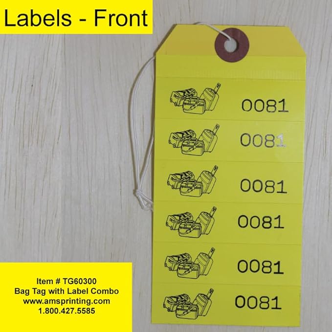 1000 Baggage Claim Check Tags with Manifold Construction for Multiple Bags. Yellow Stock, Printed in Black Ink with 6 Yellow Labels & Matching Numbers & Elastic String Attached. Size: 6 1/2" x 2 1/2"