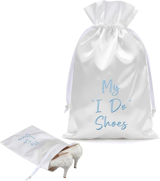 Bride Shoe Bag 11" x 9" Satin Wedding Shoe Storage Pouch with Drawstring Bridal Shower Gifts for Engagement Honeymoon