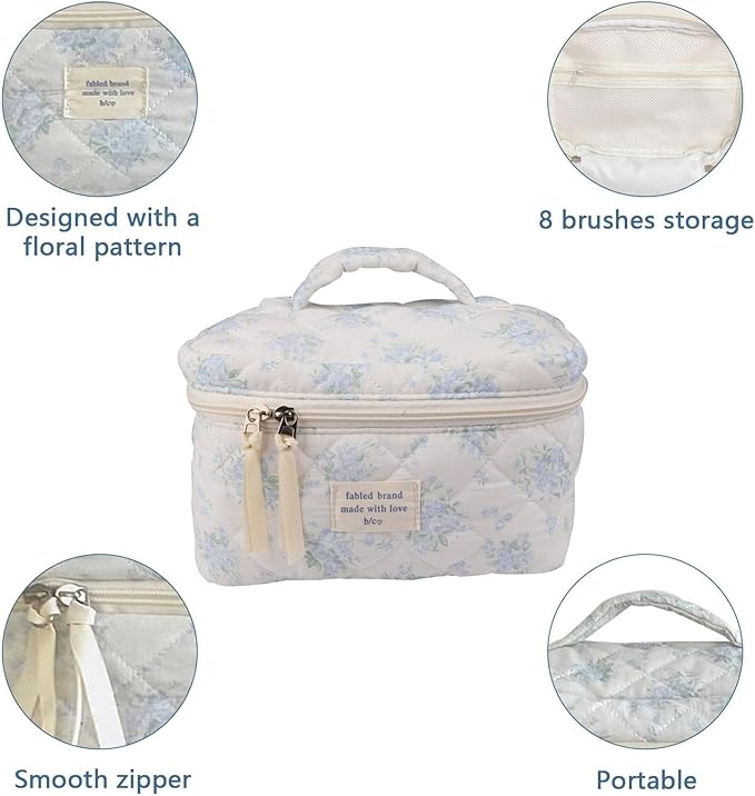 Large Travel Quilted Makeup Bag for Women,Big Floral Cotton Cosmetic Bag, Cute Coquette Aesthetic Floral Toiletry Organizer Bag (Blue Rose)