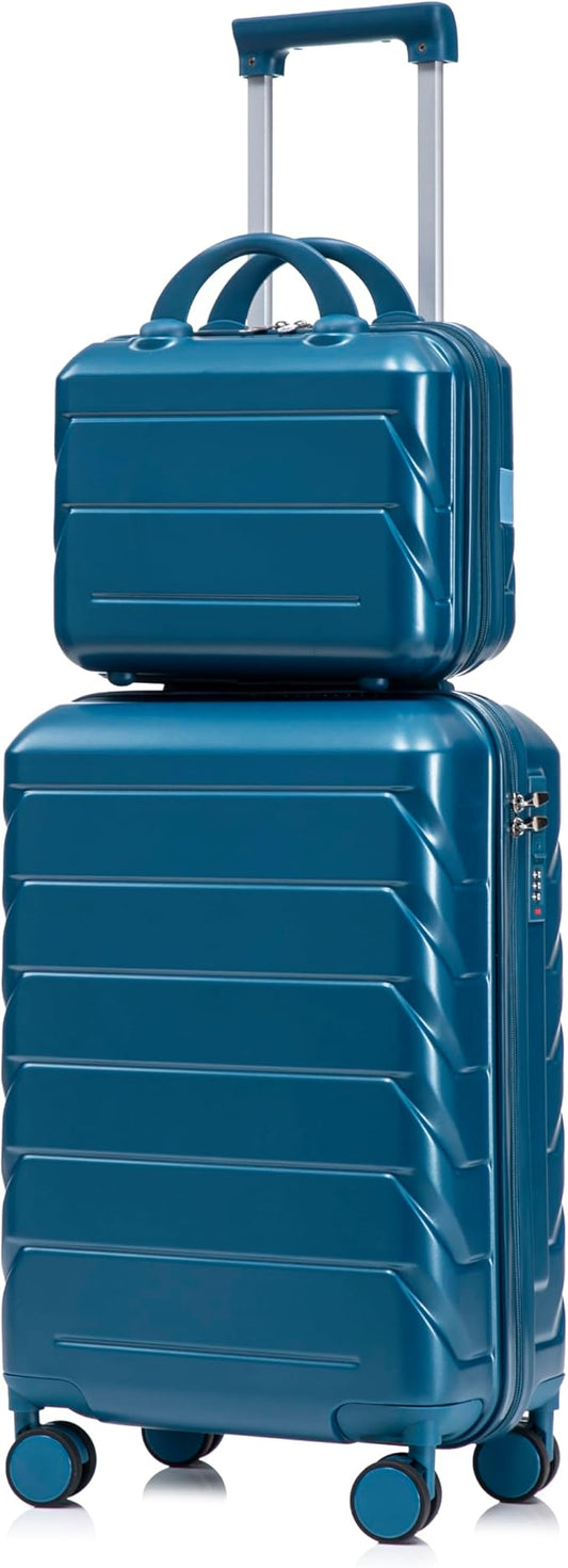 2-Piece ABS Hard Shell Lightweight Carry-On Luggage Set (14" & 20"), 360-Degree Spinner Wheels, Adjustable Telescopic Handle and Combination Lock for Travel, Dark Blue
