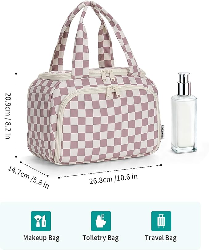 Narwey Checkered Travel Toiletry Bag for Women Large Makeup Bag, Wide-open Cosmetic Make Up Organizer with Handle, Travel Bag for Toiletries, Essentials, Accessories (Dusty Pink Checkerboard)