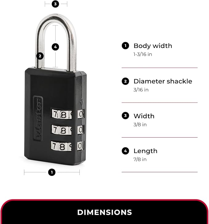 Master Lock Black Combination Padlock, Indoor Gym Locker Lock with Customizable 3-Digit Code for Luggage, Backpacks, Cabinets, 647D