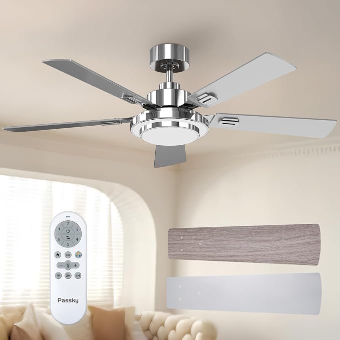 Passky 52 Inch Silver Sleek Ceiling Fans with 2-Ring Lights, Remote Control | 3-color dimmable light, quiet reversible DC motor, easy install, memory, Timer, bedroom, covered outdoor areas