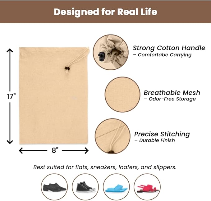 LFH Cotton Shoe Storage Bags with Drawstring, Dustproof Breathable Reusable Organizer, Perfect For Travel, Dorm, Hotel, College, Gym, Easy to Carry, 8"x17" (Pack of 2) - Natural Thanks Giving