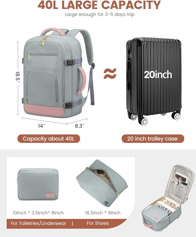 LOVEVOOK 40L Travel Backpack for Women Flight Approved, Carry on Backpack for Airplanes, TSA Personal Item Travel Bag, Waterproof 17 Inch Laptop Backpack, Business Weekender Overnight Daypack, 3Pcs