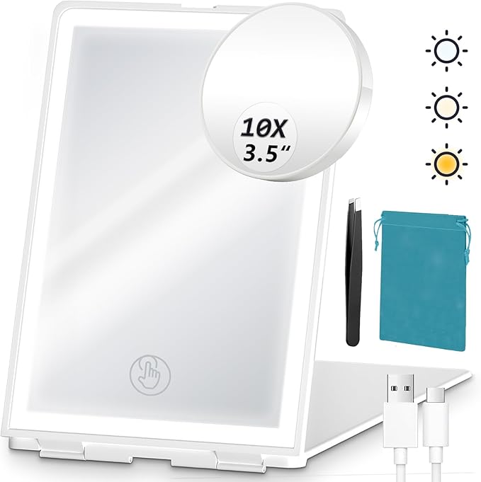 Travel Makeup Mirror with Lights Valentines Day Gifts for Her, Girlfriend, Wife, Birthday Gifts Rechargeable Portable Folding Compact LED Mirror Set with Tweezer 3 Color Light Modes