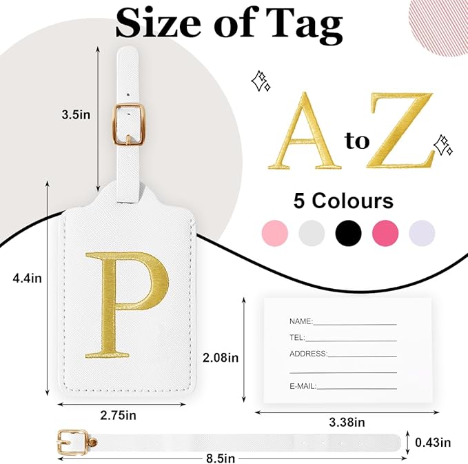 Personalized Initial Luggage Tags for Suitcases,Leather Letter Cute Luggage Tags with Privacy Name Card,Embroidered Monogrammed Travel Bag Backpack Tag Gifts for Women Kids Girls Teens(White-P)