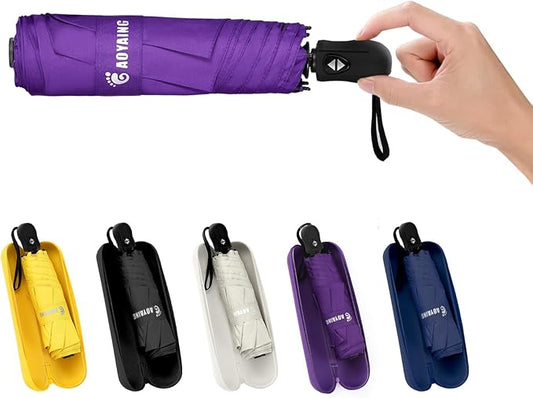 GAOYAING Mini Compact Travel Umbrella with Reflective Safety Stripes, Portable Folding Design with Case