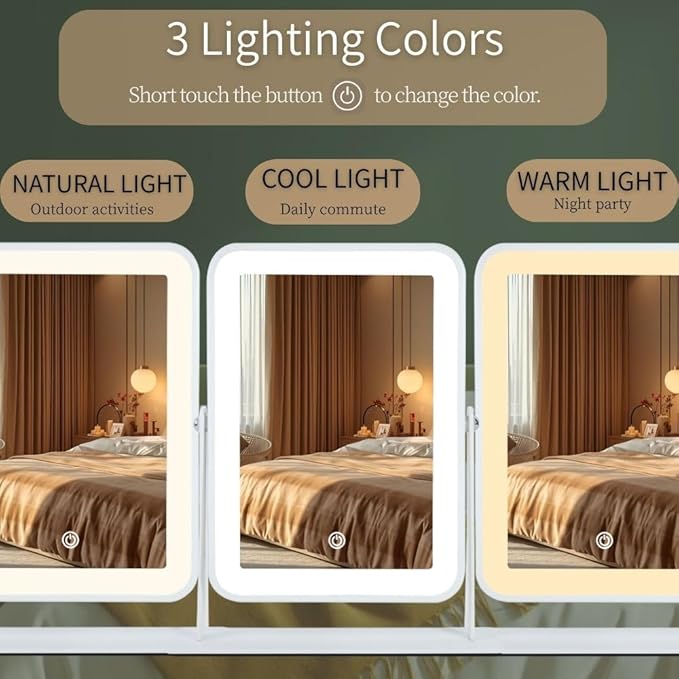 9"x11" Rechargeable Desktop Makeup Mirror with LED Lights, Adjustable Brightness Lighted Vanity Mirror, Tabletop Mirror for Bedroom, Gifts for Women with 3-Color Smart Touch Dimmable Lighting