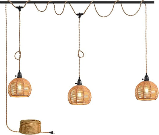 3-Light Hanging Light with Plug in Cord,Plug in Pendant Light 22ft Hemp Rope Pendant Lighting Vintage 3-Light Hanging Lamp Fixtures for Kitchen Island Living Room Bedroom