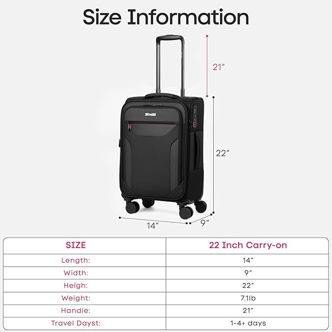 Carry on Luggage 22 X 14 X 9 Airline Approved,22 Inch Softside Suitcases w/TSA LOCK,Lightweight Carry-On Suitcase w/Spinner Wheels,Upright Softshell Luggage for Men/Women（Black,22in）