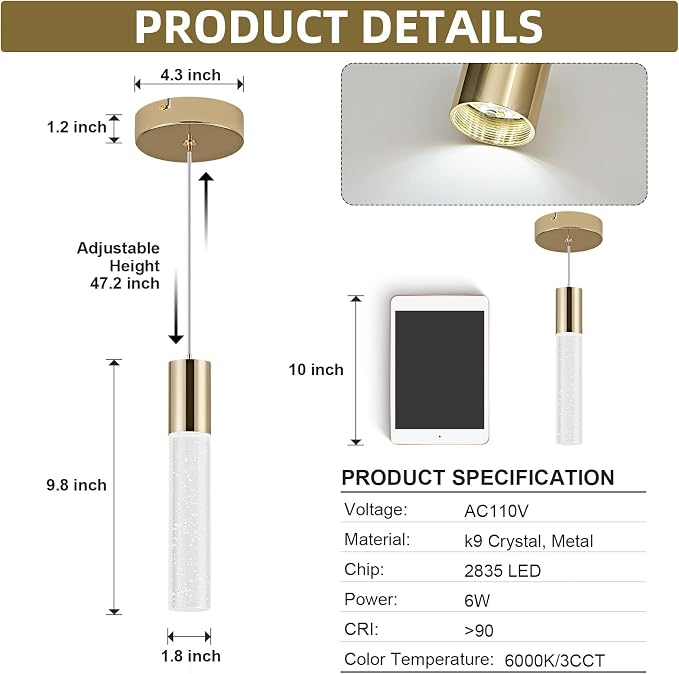 Modern Pendant Light,3 Color LED Bubble Crystal Island Light Fixtures,Gold Mini 3CCT Pendant Lighting for Kitchen Island,Bar,6W,3000-6000K,ETL