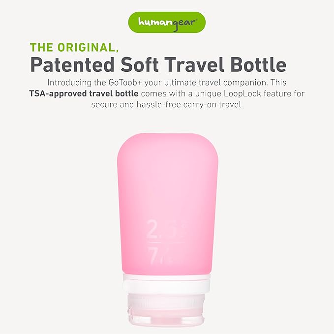 humangear GoToob+ (Medium) | Refillable Silicone Travel Bottle | Locking Lid | Food-Safe Material | Pink, Medium (2.5 fl.oz.; 74ml)
