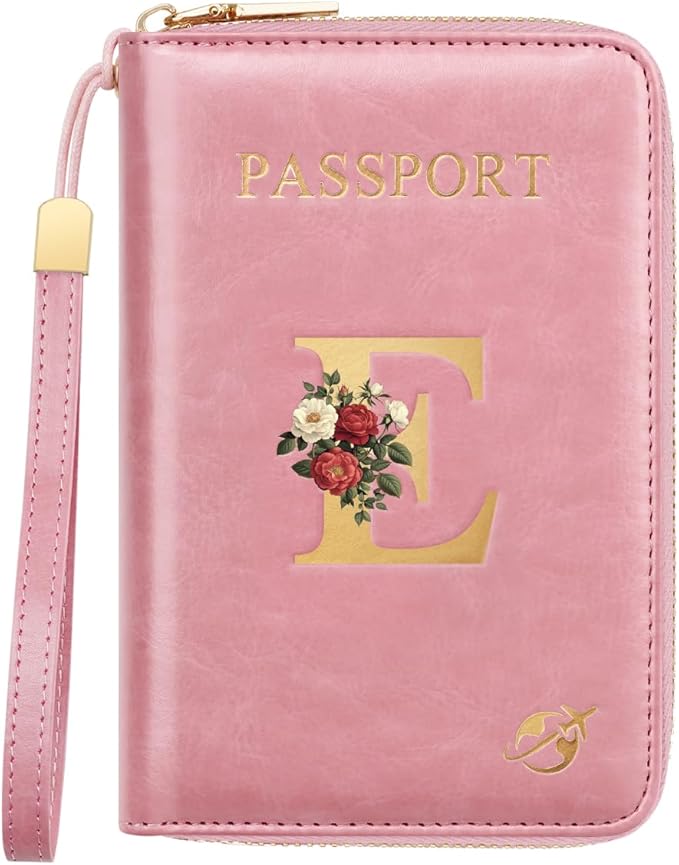 Passport Holder for Travel Personalized Passport Holder Initial Letter Rose Flower RFID Blocking Travel Wallets Credit Cards Holder for Women Men, Pink E