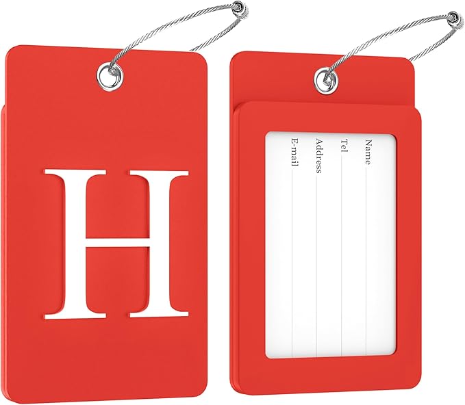 Gostwo 2 Pack Luggage Tags for Suitcases, 26 Initial Letter Travel Luggage Baggage Identification Labels ID Tag Fully Bendable Tags with Stainless Steel Loop (Red) (Letter H)