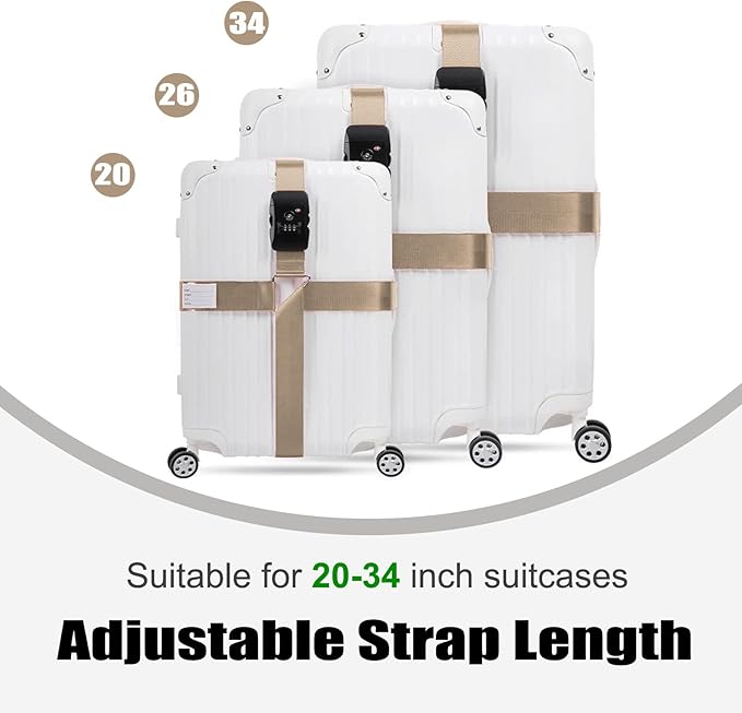 Luggage Straps TAS,Travel Strap with Name tag,Easy to Identify,Luggage Straps TSA Approved with Lock,Combination Luggage Lock with Adjustable Length,Compatible with 20-34 inch Luggage(Khaki 1 Pack)