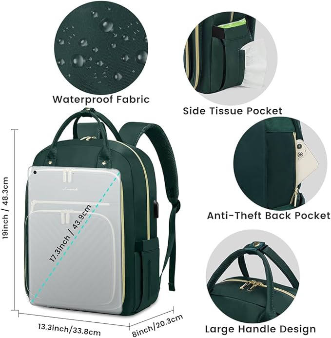 LOVEVOOK Laptop Backpack for Women, Water Resistant Travel Work Backpacks Purse Stylish Business Teacher Nurse Computer Bag with USB Charging Port,Dark Green