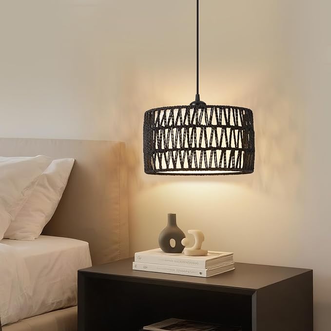 Plug in Pendant Light, Rattan Hanging Lights with Plug in Cord | Woven & Fabric 2 in 1 LampShade, Hanging Lamp Plug in for Bedroom Living Room Kitchen Island-Black (Bulb Included)