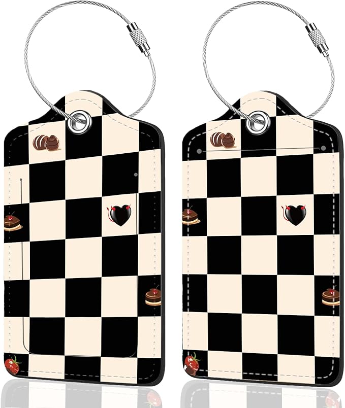 2Pack Luggage Tags for Suitcases, Cute Unique Pu Leather Cruise Luggage Tag with Privacy Cover ID Label Address Card and Metal Ring Suitable for Women Men Kids Travel Bag Beige Black Plaid