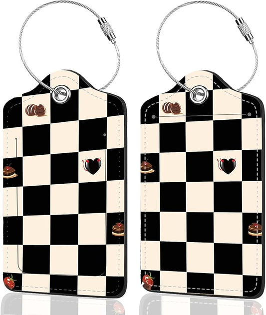2Pack Luggage Tags for Suitcases, Cute Unique Pu Leather Cruise Luggage Tag with Privacy Cover ID Label Address Card and Metal Ring Suitable for Women Men Kids Travel Bag Beige Black Plaid