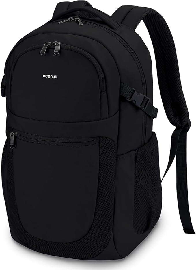 ECOHUB Travel Backpack for Men Women, 17.3 inch Suspended Laptop Backpack, Fashion Water-Resistant College Computer Bookbag, 28L Personal Item Bag with 12 Pockets for Causal, Work, Black
