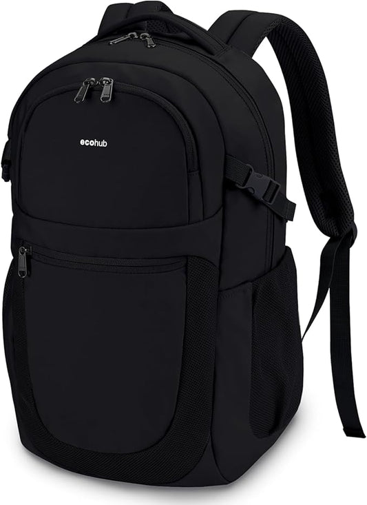 ECOHUB Travel Backpack for Men Women, 17.3 inch Suspended Laptop Backpack, Fashion Water-Resistant College Computer Bookbag, 28L Personal Item Bag with 12 Pockets for Causal, Work, Black
