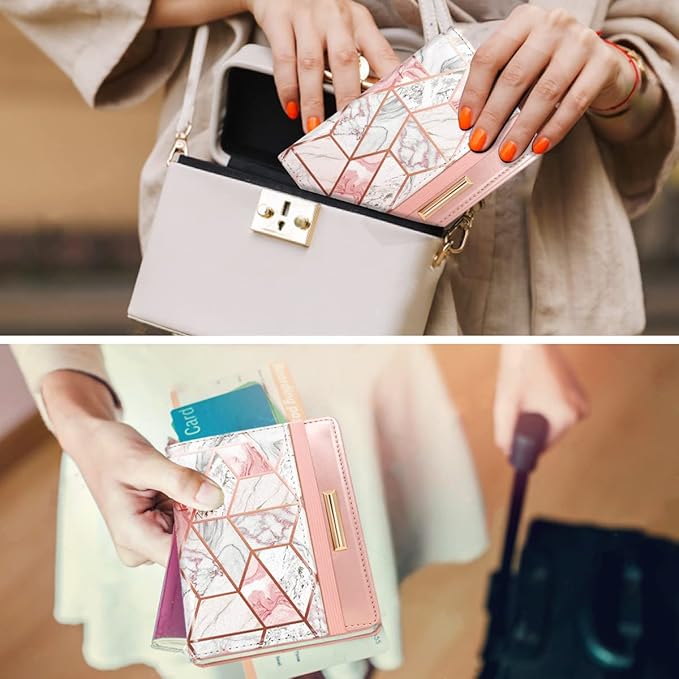 Passport Holder Cover,Traveling Passport Case Cute Passport Wallet for Women,Gold Pink Marble