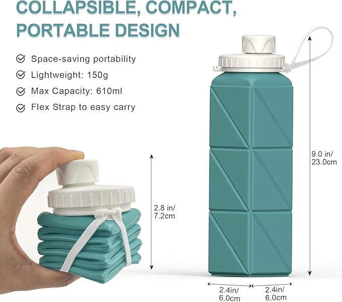 Collapsible Water Bottles 20.6oz, Silicone Foldable Portable Travel Water Bottle, BPA-Free, Leakproof Reusable for Traveling Camping Hiking Cycling Yoga Sports Outdoor, 1 Pack (Blue)