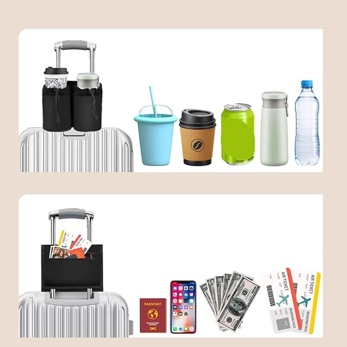 Luggage Cup Holder Hands Free Adjustable Drink Carrier for Suitcase Handles Travel Accessory for Coffee & Bottles (Black)