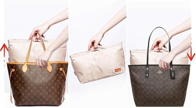 iN. Purse Organizer Insert with zipper Nylon fabric for women Handbags & Totebag beige Size: Large: 15.7"(Top)/12.2"(Bottom) L × 4.9"W × 10"H