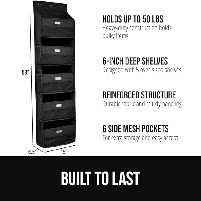 GORILLA GRIP Over The Door Organizer Storage, 5 Deep Hanging Shelves, Holds 50lbs, Closet Organizers Shelf for Bedroom, Shoes, Bathroom, Nursery, Dorm Essentials, 3 Metal Hooks, 58x15 Inches, Black